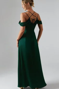 Wrap Cold Shoulder Strappy Satin Bridesmaid Dress