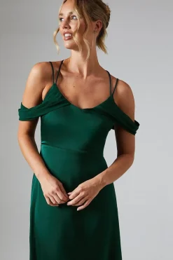 Wrap Cold Shoulder Strappy Satin Bridesmaid Dress