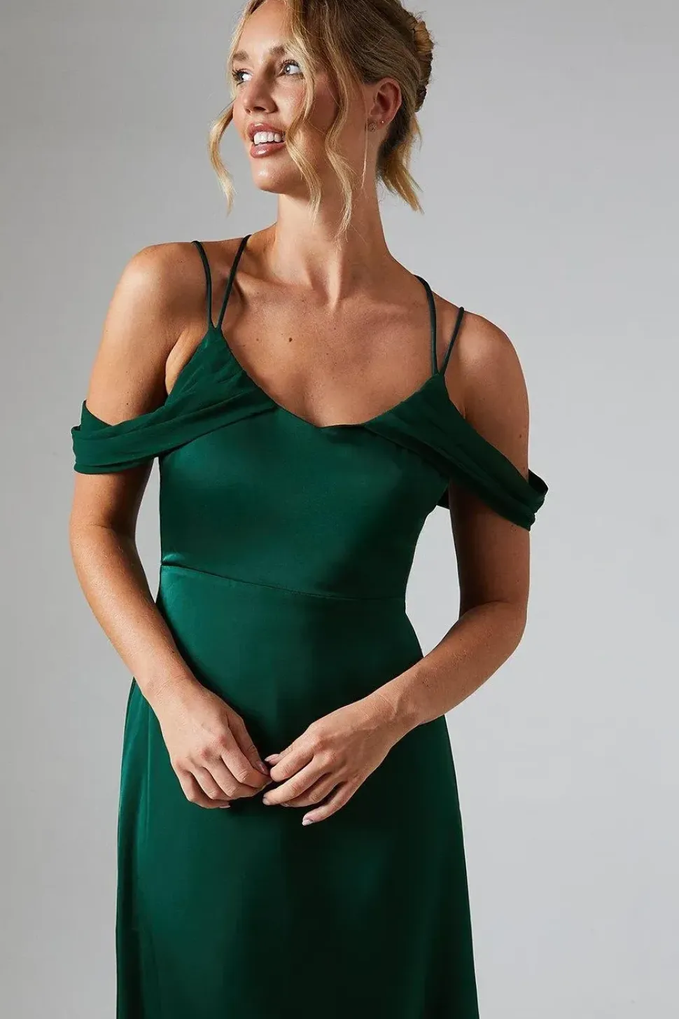 Wrap Cold Shoulder Strappy Satin Bridesmaid Dress