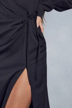 Wrap Collared Split Leg Shirt Style Maxi Dress