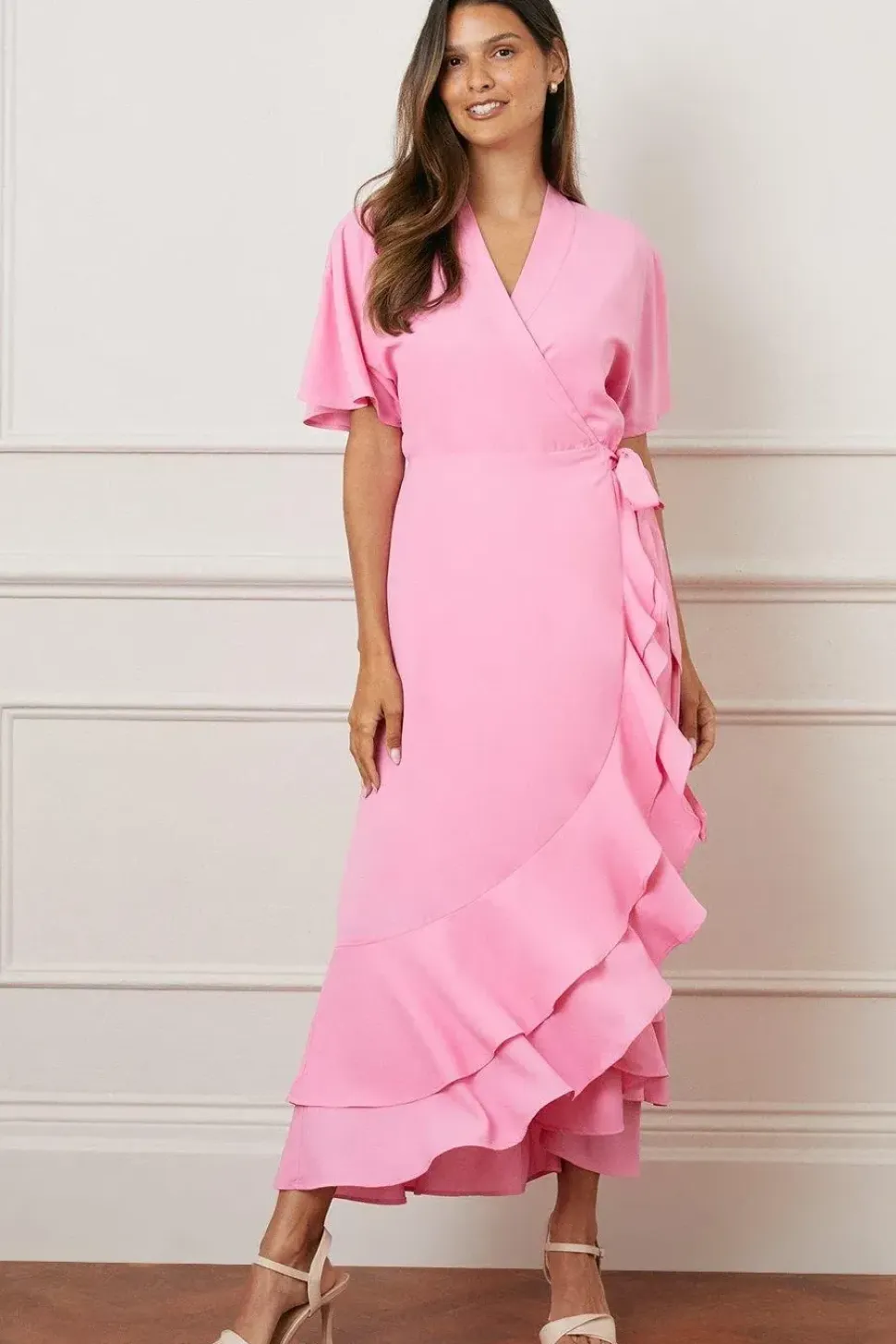 Wrap Detail Ruffle Midi Dress