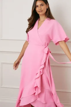 Wrap Detail Ruffle Midi Dress