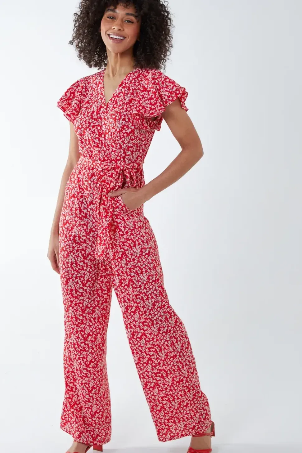 Wrap Front Frill Sleeve Jumpsuit