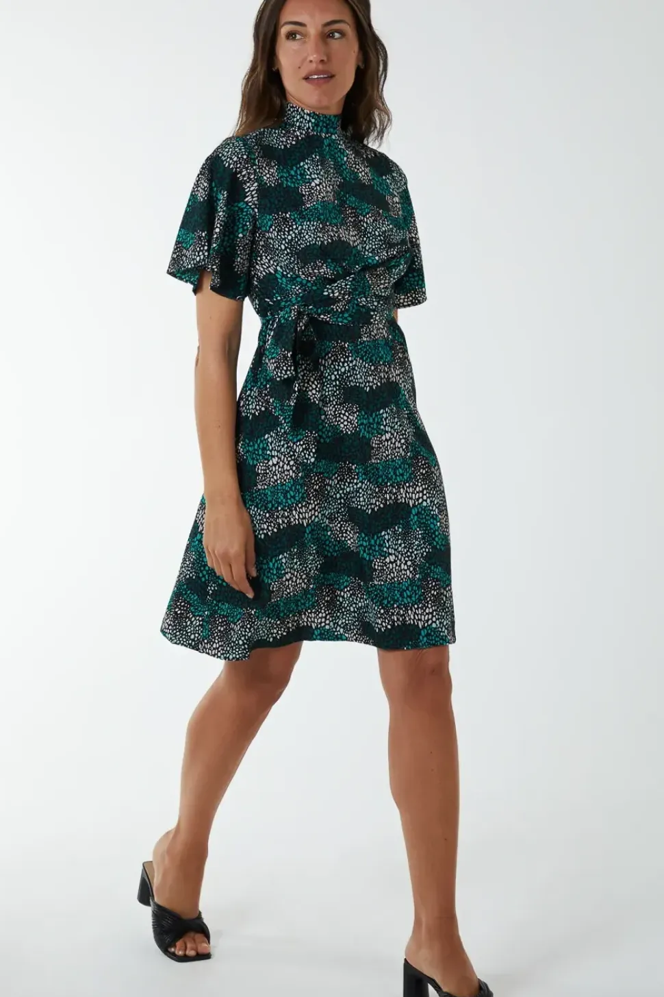 Wrap Front High Neck Dress With Angel Sleeves