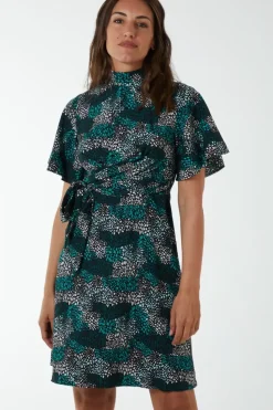 Wrap Front High Neck Dress With Angel Sleeves