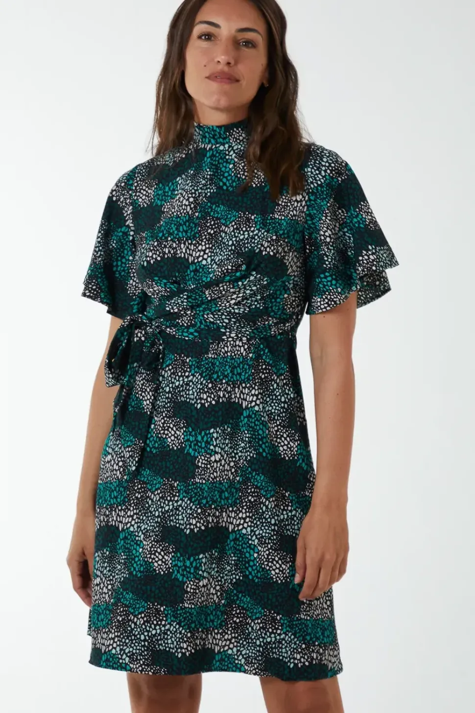 Wrap Front High Neck Dress With Angel Sleeves