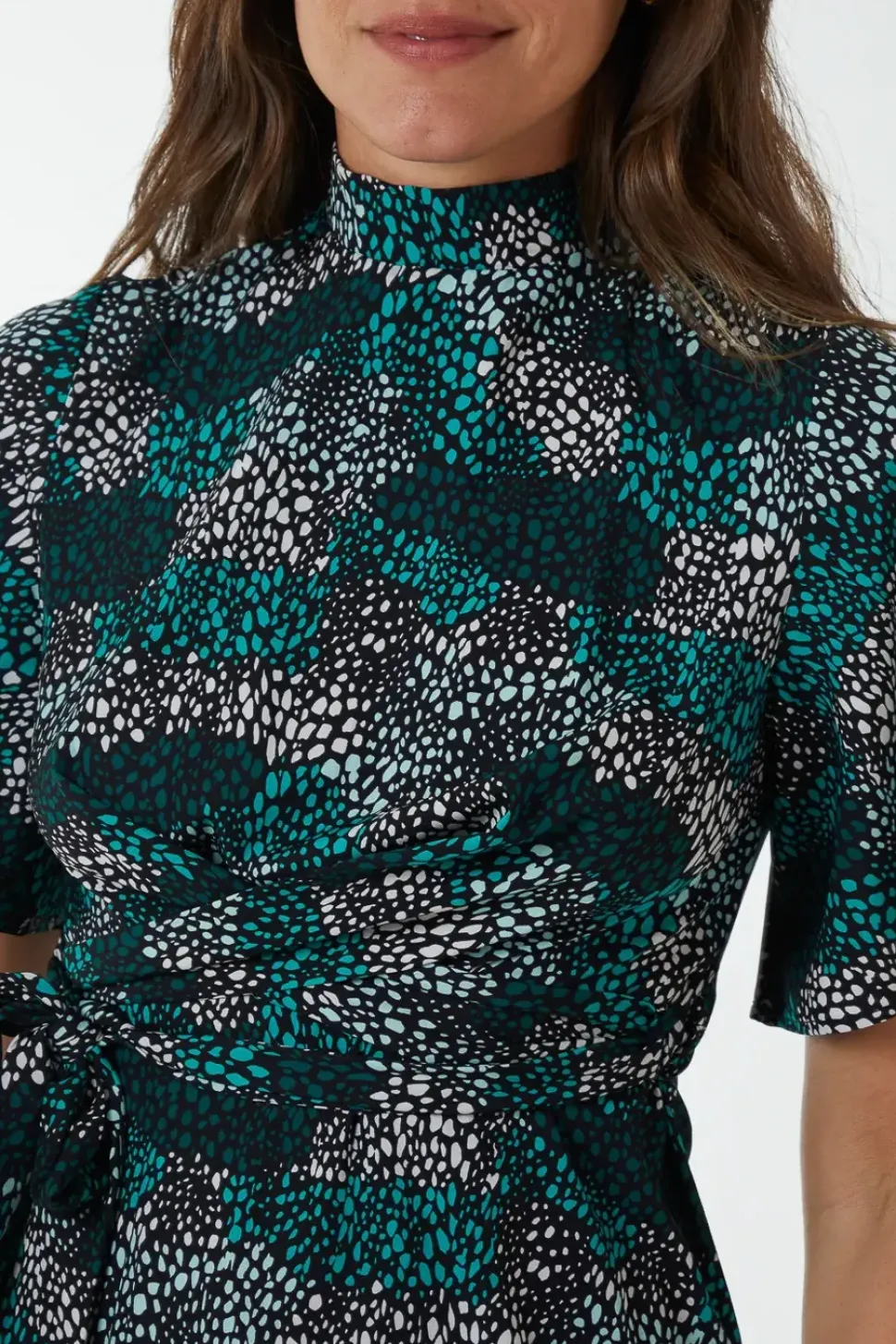 Wrap Front High Neck Dress With Angel Sleeves