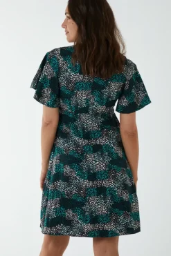 Wrap Front High Neck Dress With Angel Sleeves