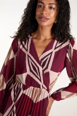 Wrap Front Pleated Geometric Maxi Dress