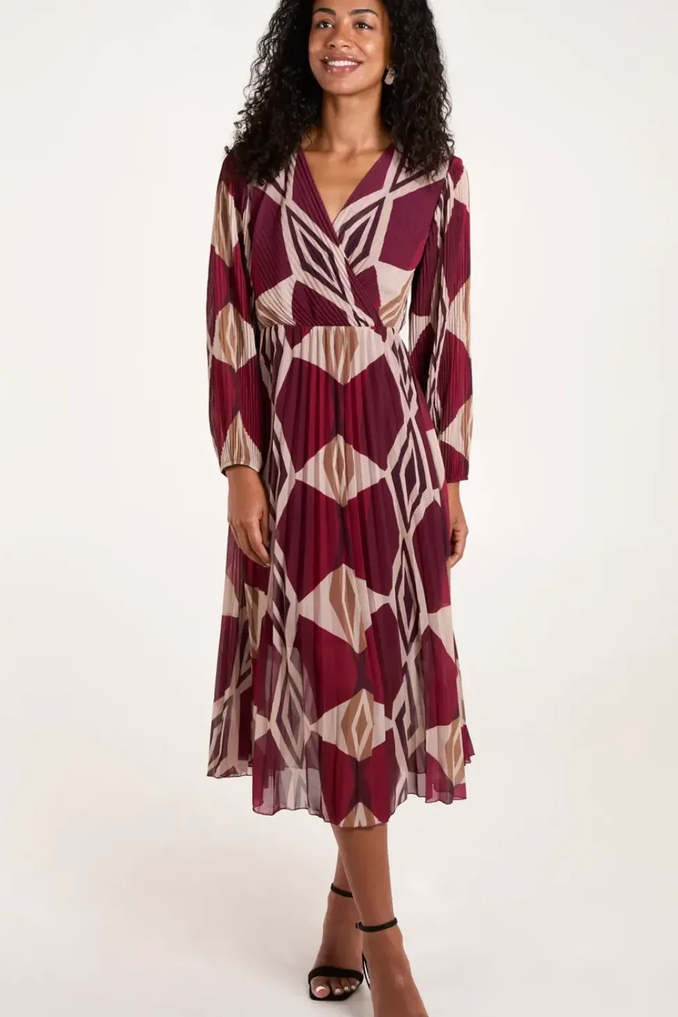 Wrap Front Pleated Geometric Maxi Dress