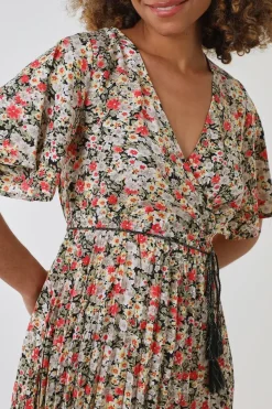 Wrap Front Pleated Hem Dress With Angel Sleeves