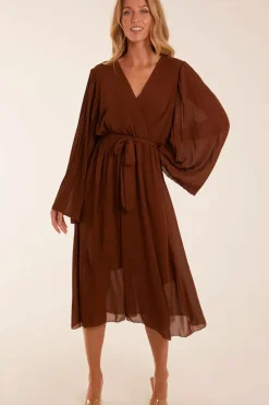 Wrap Front Pleated Sleeve Midi Dress