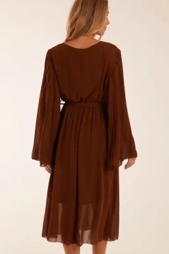 Wrap Front Pleated Sleeve Midi Dress