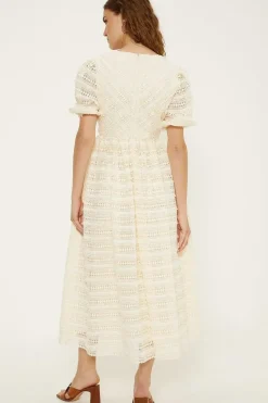 Wrap Front Puff Sleeve Lace Midi Dress