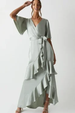 Wrap Front Waterfall Satin Fishtail Maxi Dress