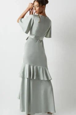 Wrap Front Waterfall Satin Fishtail Maxi Dress