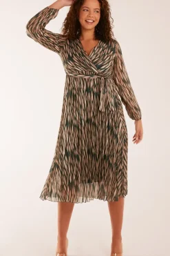 Wrap Over Metallic Vertical Print Dress