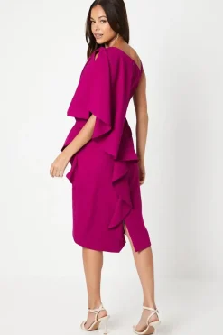 Wrap Skirt Waterfall Ruffle Midi Wedding Guest Dress