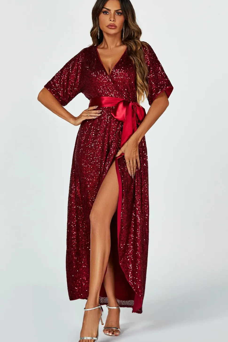 Wrap Style Sequin Maxi Dress In Wine