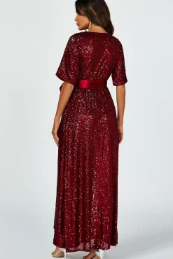 Wrap Style Sequin Maxi Dress In Wine