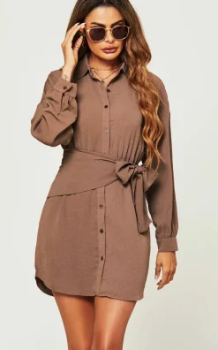 Wrap Style Tie Front Mini Shirt Dress In Taupe Brown