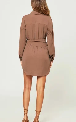 Wrap Style Tie Front Mini Shirt Dress In Taupe Brown