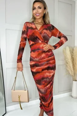 Wrap Top Mesh Long Sleeve Bodycon Midi Dress