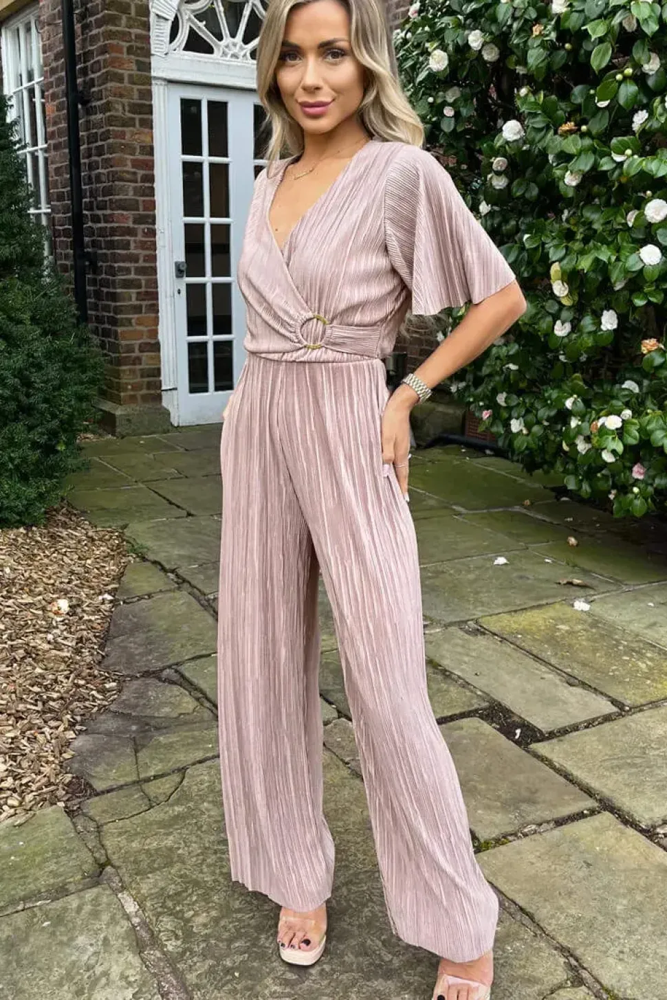 Wrap Top Short Sleeve Plisse Jumpsuit
