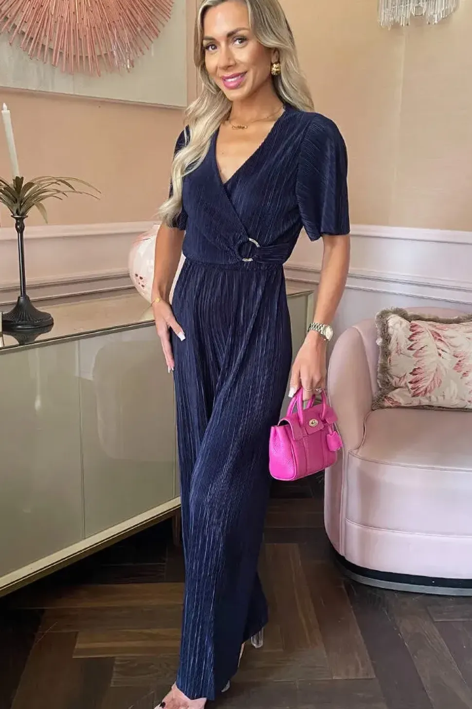 Wrap Top Short Sleeve Plisse Jumpsuit