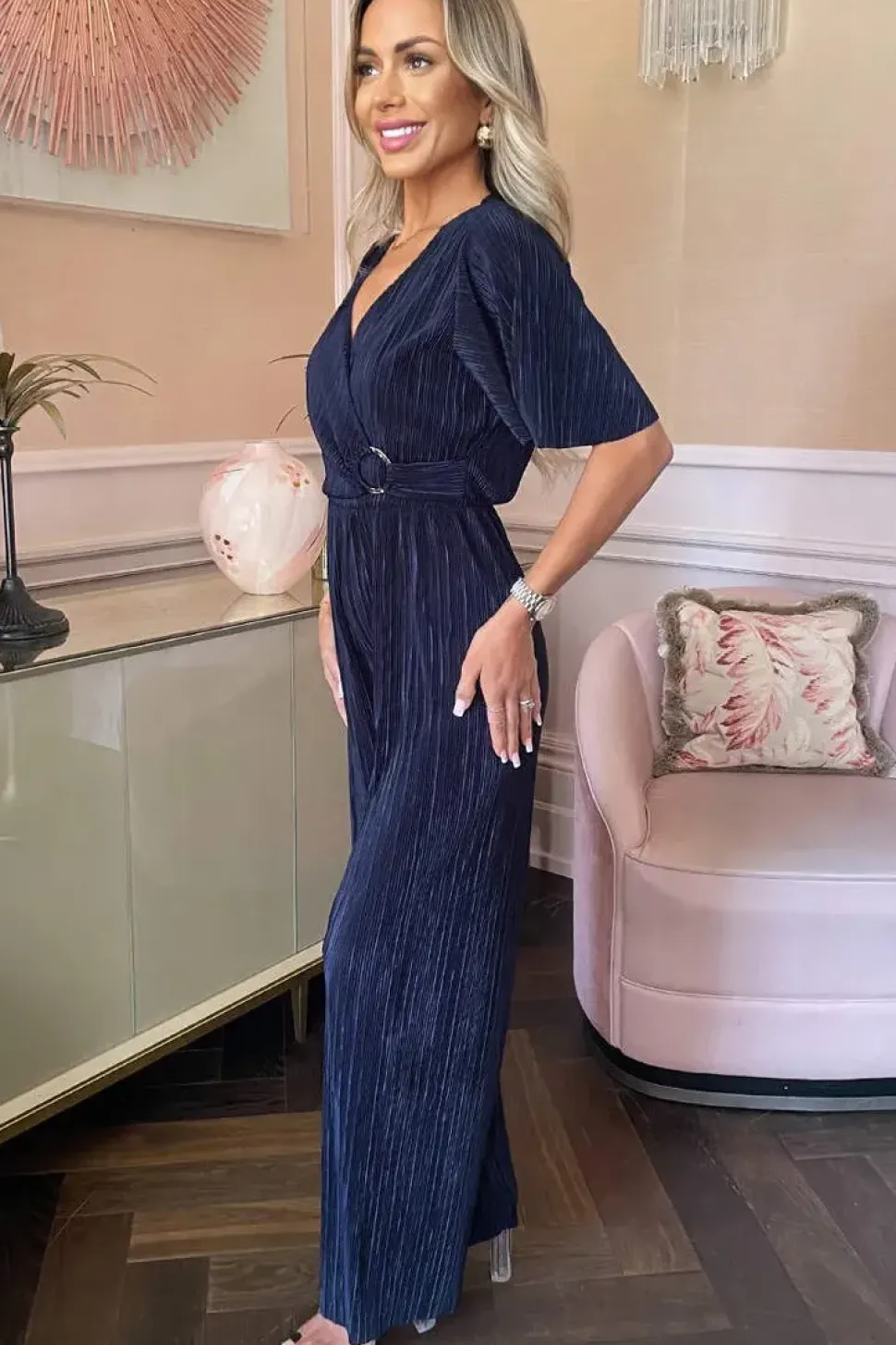 Wrap Top Short Sleeve Plisse Jumpsuit