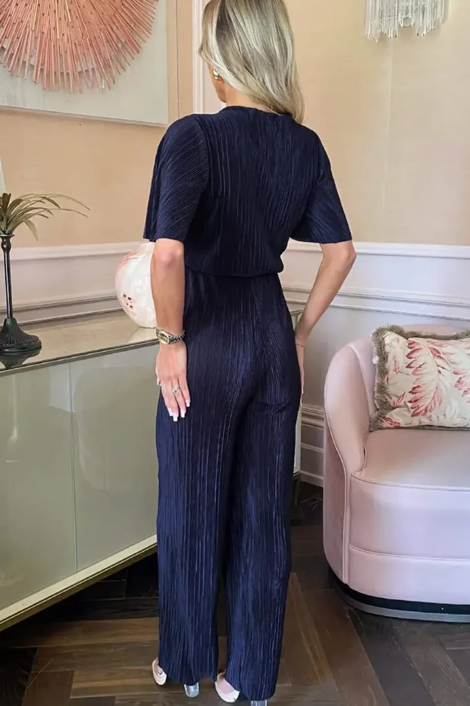 Wrap Top Short Sleeve Plisse Jumpsuit