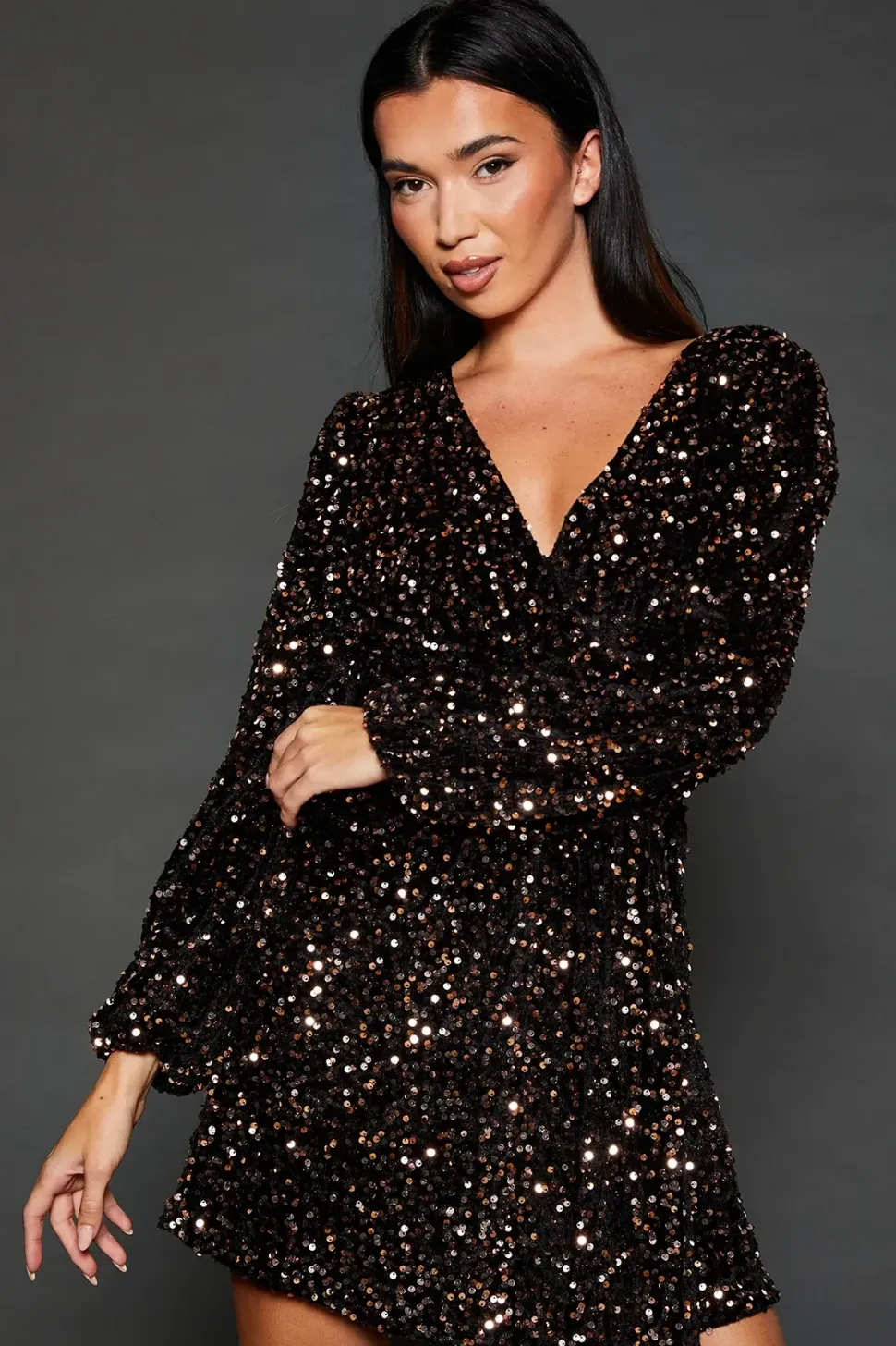Wrap Velvet Sequin Long Sleeve Mini Dress