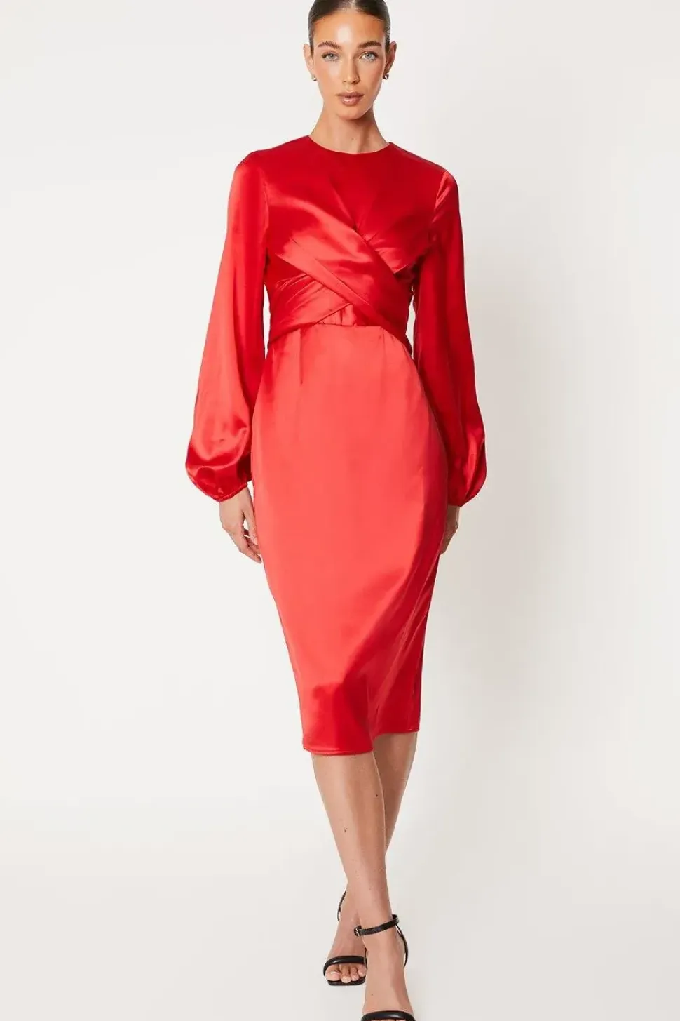 Wrap Waist Blouson Sleeve Midi Dress