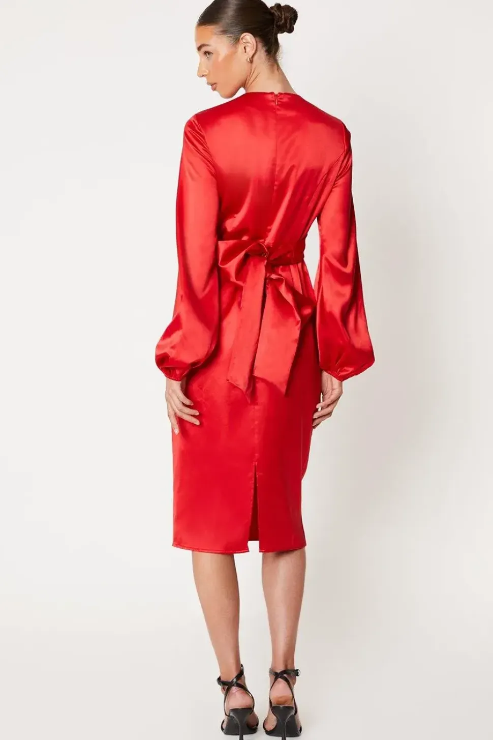 Wrap Waist Blouson Sleeve Midi Dress