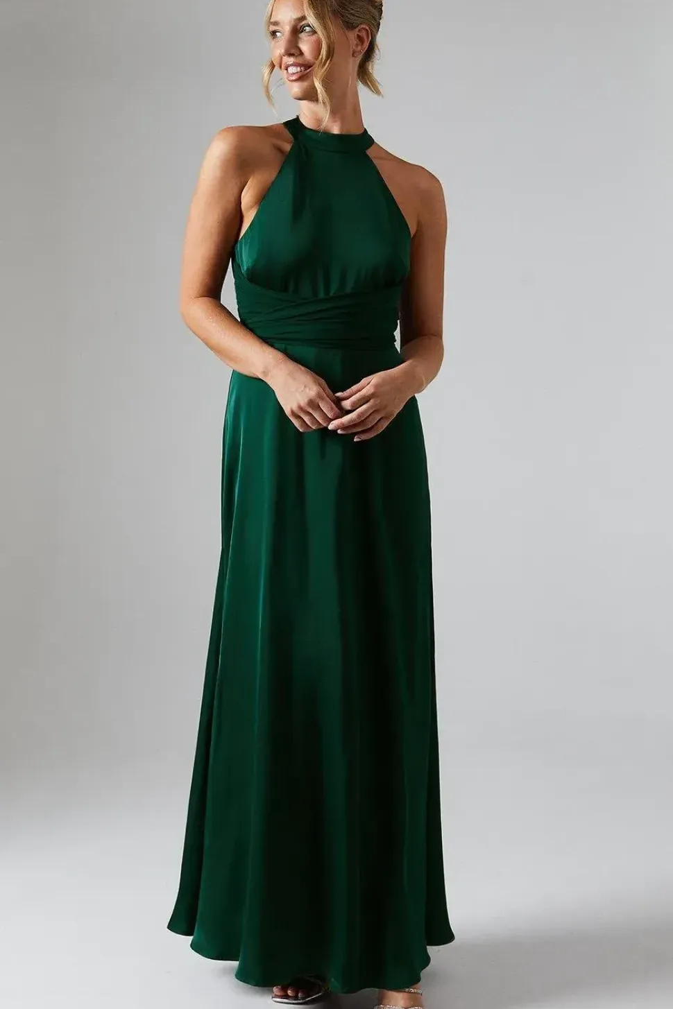 Wrap Waist Detail Satin Halter Neck Bridesmaid Dress