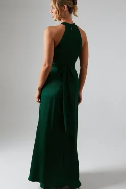 Wrap Waist Detail Satin Halter Neck Bridesmaid Dress