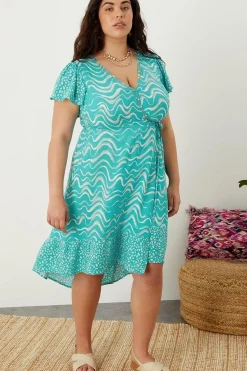 Wrap Wave Print Midi Dress