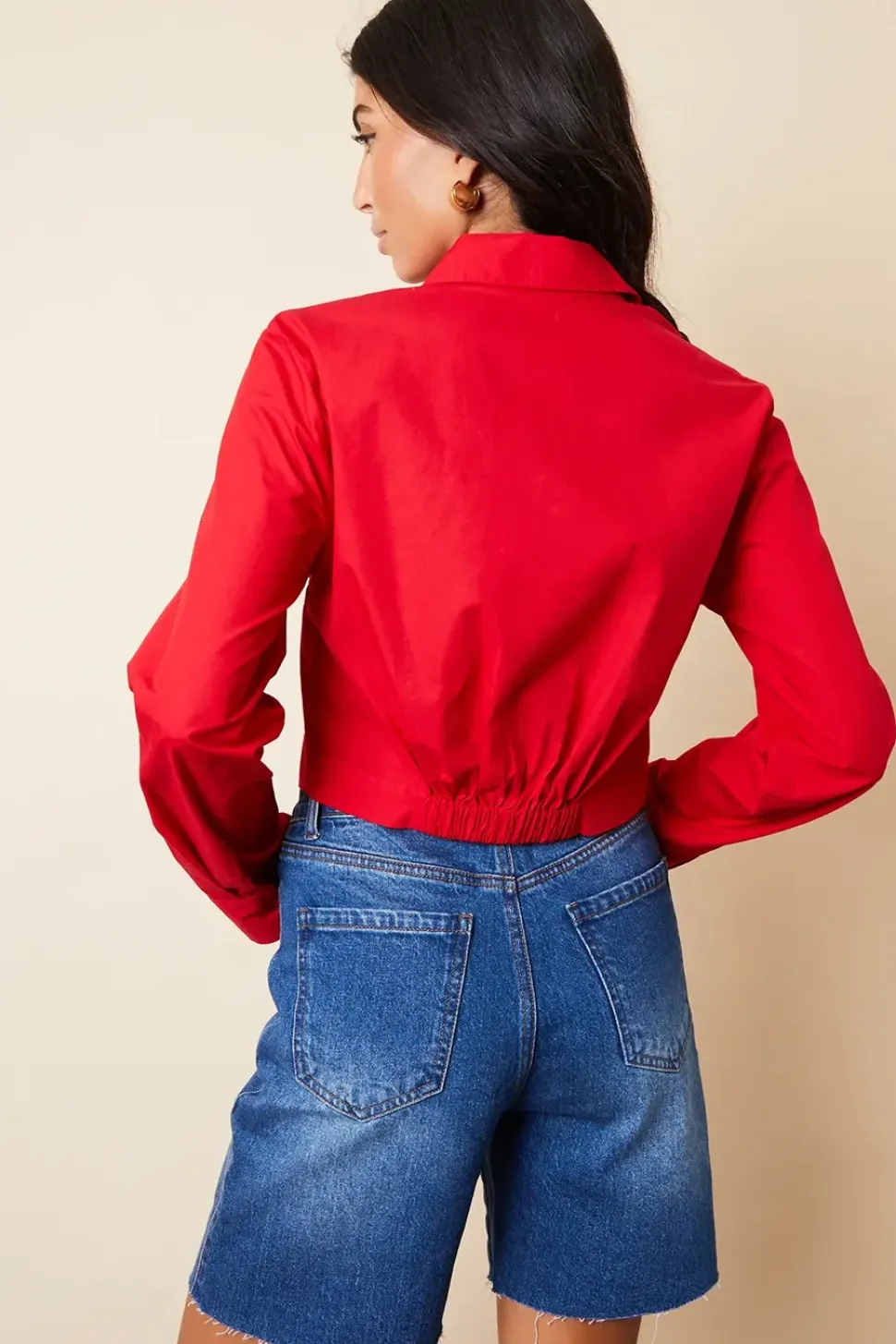 'Aero' Cropped Elasticated Hem Boxy Long Sleeve Shirt