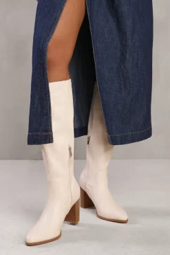 'Alpha' Block Heel Knee High Boots With Stitch Detail
