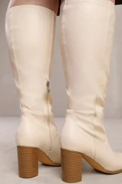 'Alpha' Stretch Wide Calf Block Heel Knee High Boots With Stitch Detail