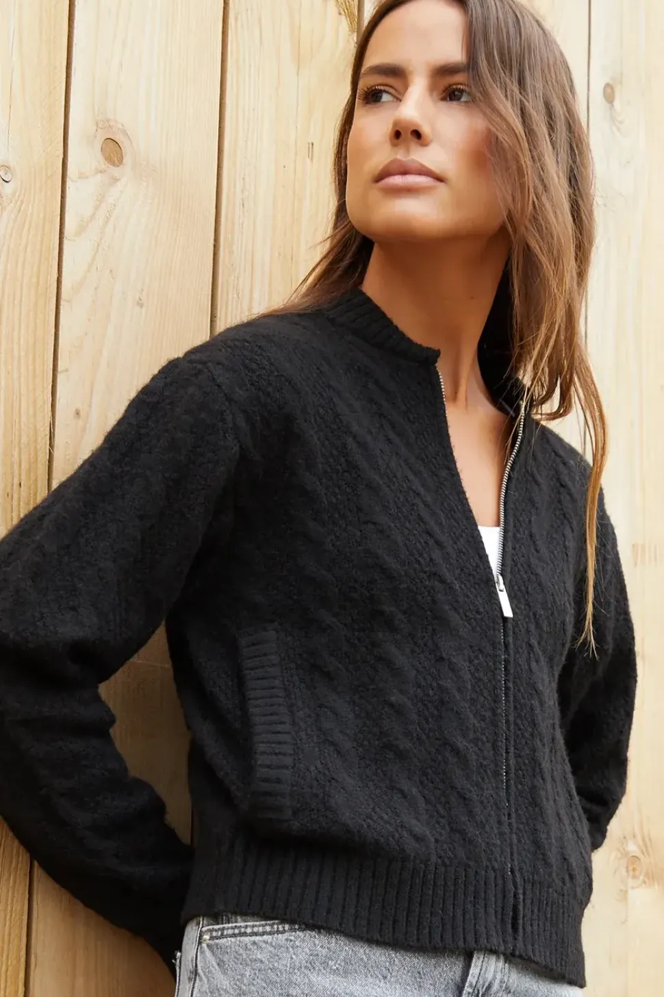 'Ash' Zip-Up Cable Knit Bomber Jacket