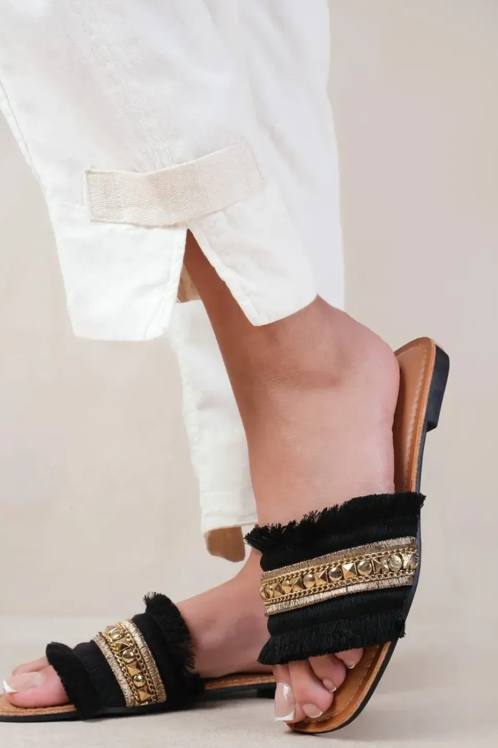 'Astroid' Flat Sandals With Fringe Trim And Stud Details