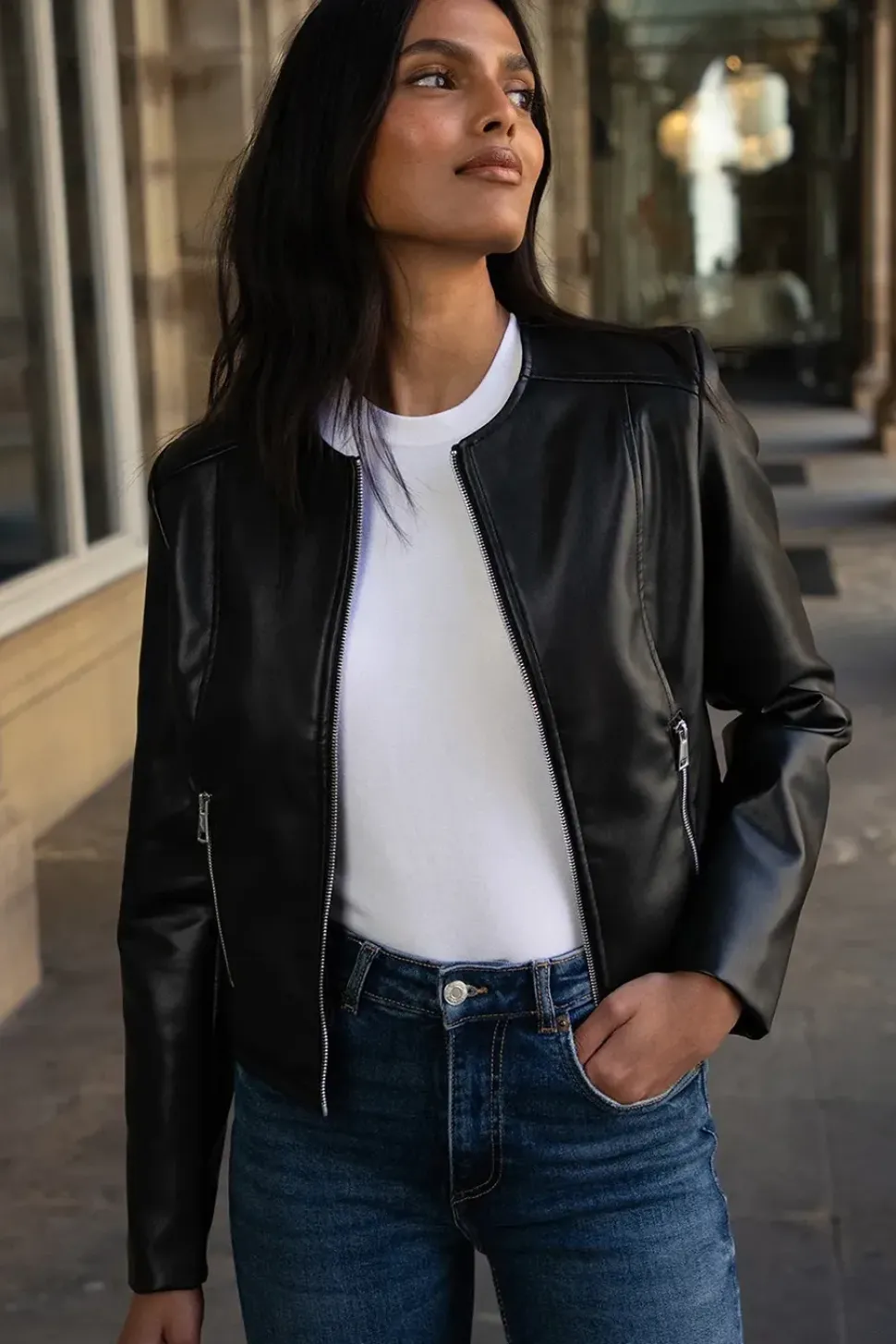 'Bazzar' Collarless PU Faux Leather Jacket
