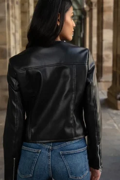 'Bazzar' Collarless PU Faux Leather Jacket