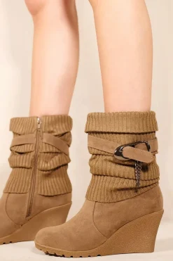 'Bryony' Wedge Heel Slouchy Ankle Boots With Knitted Collar