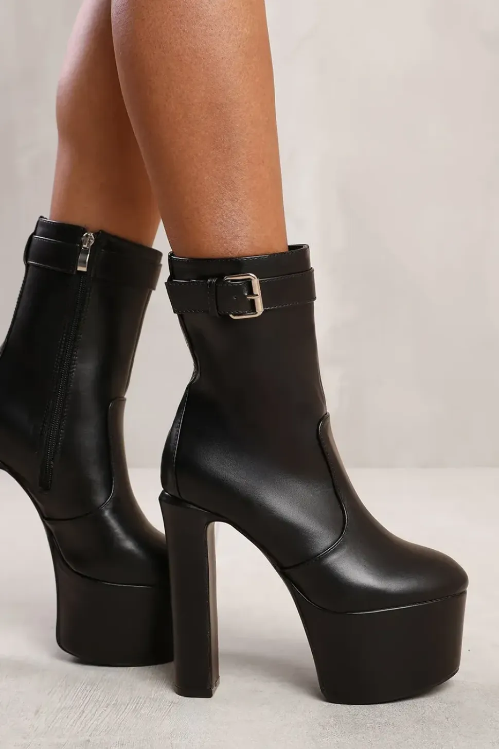 'Clara' Platform Heeled Ankle Boot With Buckle Detail And Side Zip