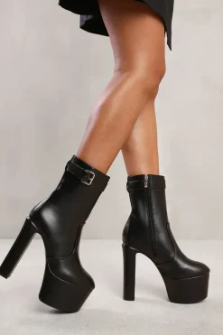 'Clara' Platform Heeled Ankle Boot With Buckle Detail And Side Zip