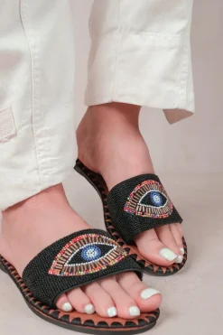 'Cleanse' Flat Sandals With Beaded Eye Detailing