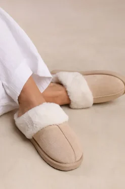 'Comfort' Slip On Slippers With Fur Trim