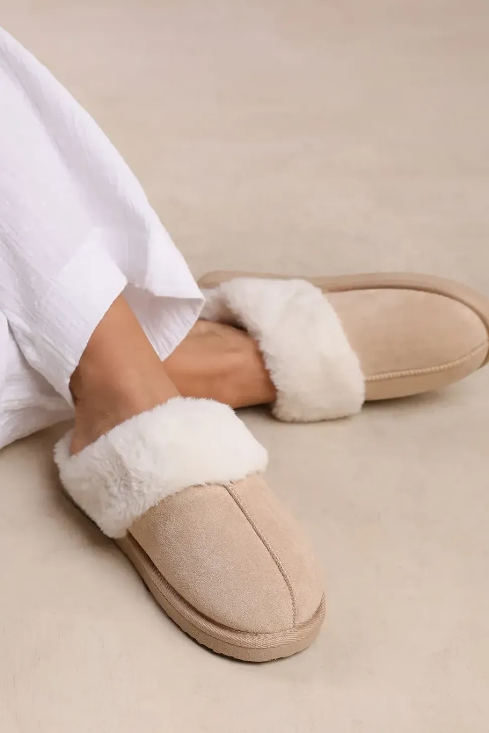 'Comfort' Slip On Slippers With Fur Trim